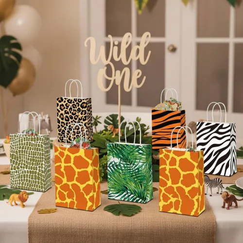 Vista 6 de 24 bolsas de regalo con estampado de animales, safari, selva, fiesta, bolsa con asa, bolsas de papel zoológico de animales para golosinas de vida