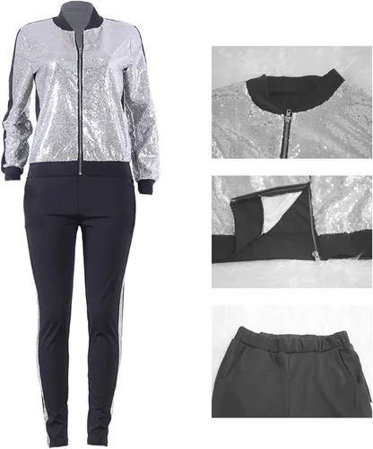 Vista 6 de Conjunto deportivo de 2 piezas con lentejuelas con purpurina para mujer chaqueta de manga larga pantalones largos ajustados sudadera brillante ropa
