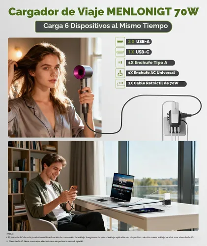 Vista 4 de Adaptador de viaje universal GaN de 70 W con cable USB-C retráctil, cargador de pared rápido para MacBook Pro/Air, portátiles, enchufe internacional