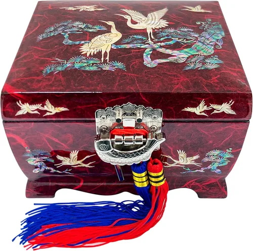 Vista 10 de Fun-Store Caja de madera con incrustaciones de nácar con incrustaciones de nácar, caja de madera, diseño de árbol de grúa, espejo, recuerdo, tesoro