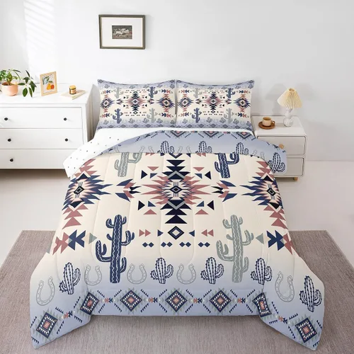 Vista 6 de Manfei Juego de edredón geométrico azteca, tamaño individual, juego de ropa de cama de cactus, vaquera occidental, decoración de habitación de niños