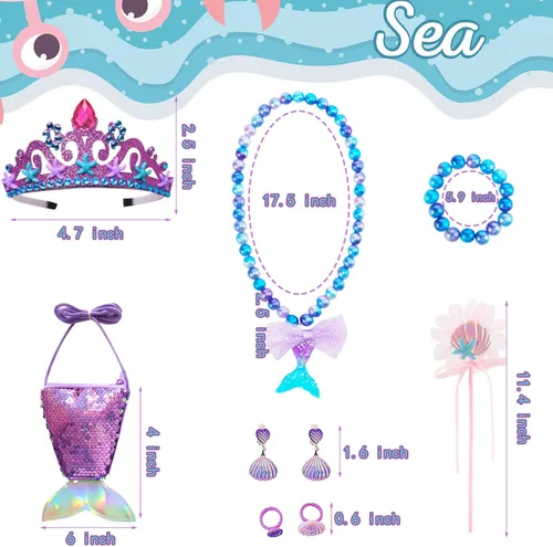 Vista 4 de Disfraz de sirena para niñas, vestido de princesa Ariel para Halloween, cosplay, cumpleaños, con accesorios de corona