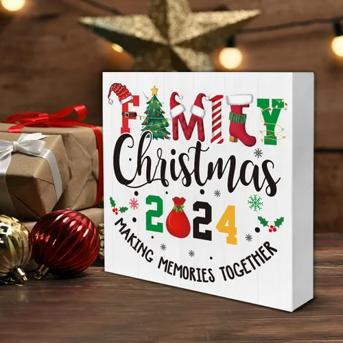 Vista 6 de Señal de madera de Navidad 2024 para el hogar, decoración familiar, decoración de mesa de Navidad de 5 x 5 pulgadas