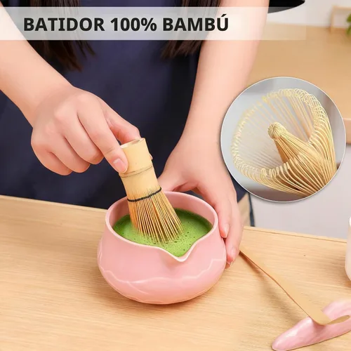 Vista 3 de Juego de 8 piezas de batidor de matcha con cuenco de cerámica, cuchara, descanso, tamiz, tapete de té, tarjeta de felicitación, soporte