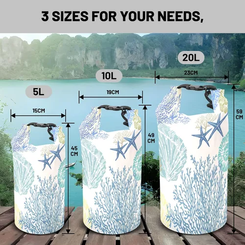Vista 6 de Bolsa seca impermeable, con parte superior enrollable, náutica, costera, océano, playa, concha, estrella de mar, mochila impermeable de 5L/10L/20L
