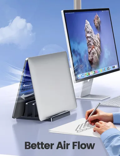 Vista 4 de Vaydeer Soporte vertical para computadora de escritorio, soporte de plástico de doble ranura para laptop con diseño 4 en 1 que ahorra espacio Negro