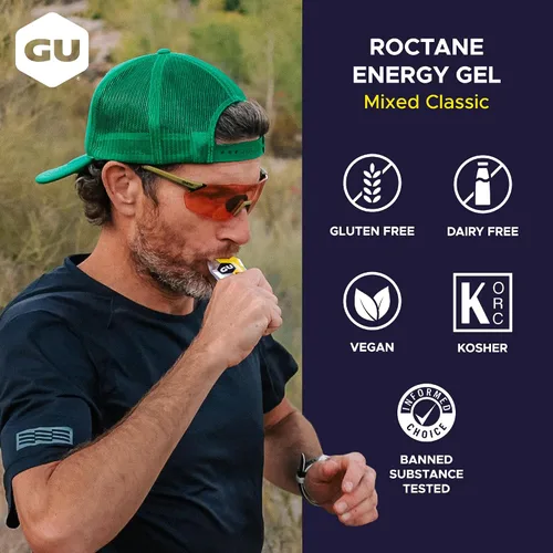 Vista 3 de GU Energy Roctane Ultra Endurance Gel Energizante, Vegano, Sin Gluten, Kosher y Sin Lácteos, Nutrición Deportiva Para Correr, Andar en Bicicleta