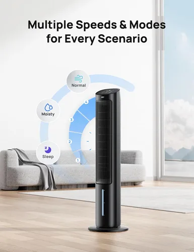 Vista 2 de DREO Ventiladores de torre que soplan aire frío, enfriador de aire evaporativo de 40 pulgadas, ventilador de refrigeración para dormitorio con Negro