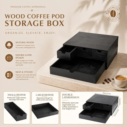 Vista 3 de Caja de té de café con cajón de madera para cápsulas, cuádruple, Negro