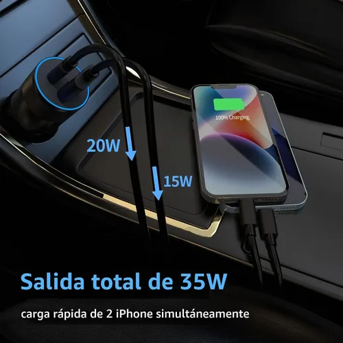 Vista 3 de MFi 35W USB C Cargador rápido de coche con 3 pies tipo C a cable Lightning (negro)