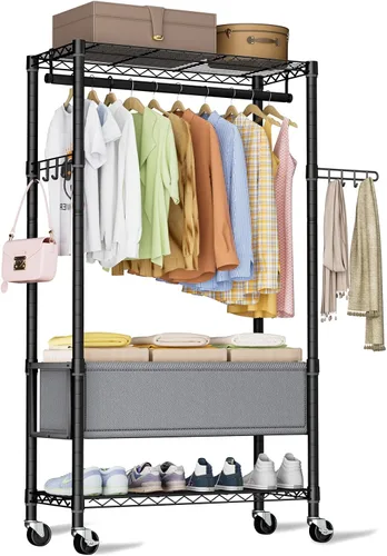 Vista 10 de Estante para ropa resistente con ruedas, estante enrollable para prendas, estantes ajustables de alambre de 3 niveles para colgar ropa con barras