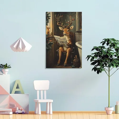 Vista 4 de Arte De Pared En Lienzo Vintage De Reno Navideño, Impresiones De Imágenes De Renos, Alces Sentados En El Inodoro, Pintura De Invierno, Póster Para