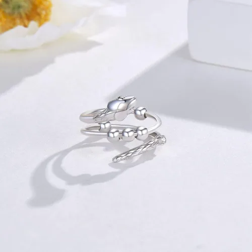 Vista 4 de Anillos de plata de ley 925 para aliviar la ansiedad, anillo antiansiedad y estrés con cuentas, anillos abiertos, regalos de joyería para mujeres