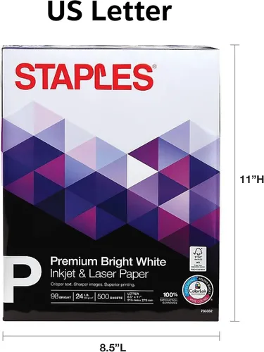 Vista 3 de Papel para Inyección de Tinta Staples – 8.5" x 11" Multiusos, 24 lbs, 98Bright, 5 Resmas/Cartón Papel blanco multiusos para impresión nítida por