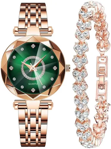 Vista 3 de Relojes de mujer con pulsera oro rosa para dama elegante correa de acero inoxidable moda analógico creativo diamante dial reloj de pulsera
