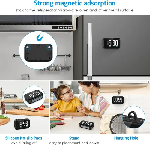 Vista 5 de Temporizador digital de cocina, temporizador digital con pantalla LED grande, temporizador magnético para el aula con cuenta regresiva, 3 niveles