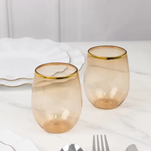 Vista 3 de Efavormart - Paquete de 12 copas de vino de plástico transparente ámbar dorado de 12 onzas con borde dorado, vasos reutilizables para bodas
