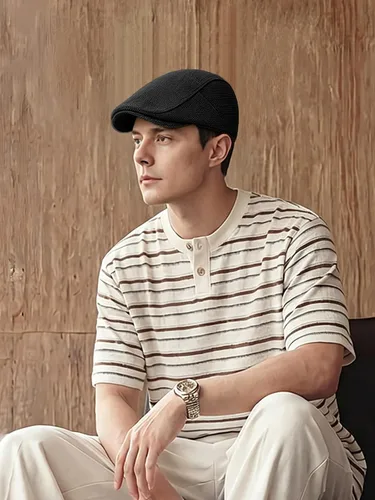 Vista 6 de Gorra de lino sintético para hombre, diseño de periódico con textura tejida ajustable Negro