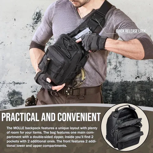 Vista 2 de Mochila táctica para el hombro, pequeña, para exteriores, para hombres, viajes, senderismo, camping, mochila para Rover, color negro