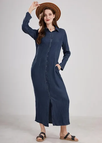 Vista 14 de utcoco Vestido largo casual de mezclilla con botones para mujer, con solapa, manga larga, con bolsillos