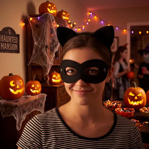 Vista 6 de Coume 60 máscaras de Halloween de fieltro negro a granel, cosplay de héroe