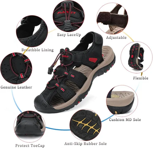 Vista 2 de FLARUT - Sandalias deportivas para hombre, sandalias para senderismo y exteriores, sandalias casuales, punta cerrada, de cuero, atléticas, ligeras
