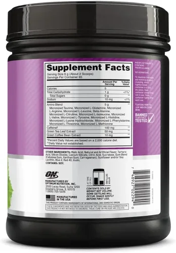 Vista 6 de Optimum Nutrition Amino Energy - Polvo energético para antes del entrenamiento con té verde, BCAA, aminoácidos, extracto de café verde, sabor uva
