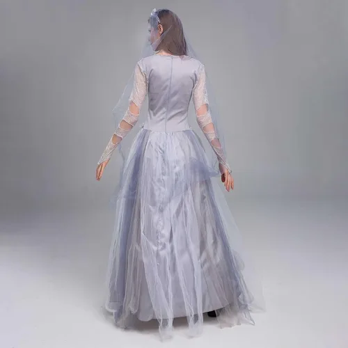 Vista 6 de Disfraz de novia de cadáver fantasma para mujer, vestido de cosplay de Halloween, vestido gótico corsé con velo, vestidos de empalme de malla