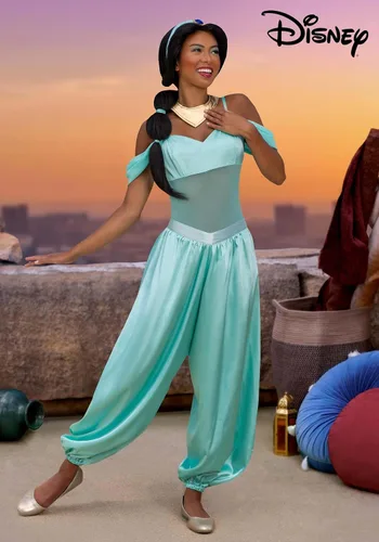 Vista 2 de Disney Aladdin Jasmine - Disfraz de princesa árabe para mujer, mameluco, pantalones, diadema y collar, con licencia