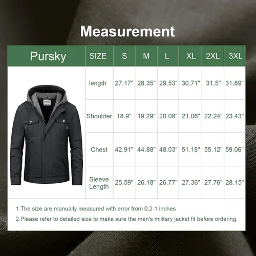 Vista 7 de Pursky Chaqueta militar para hombre, abrigo de lona con capucha de algodón lavado, abrigo de otoño