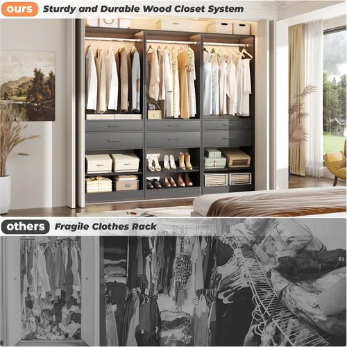 Vista 7 de Unikito Organizador de armario de 25 pulgadas de ancho x 80 pulgadas de alto, con barra para colgar y 2 cajones de madera, zapatero ajustable