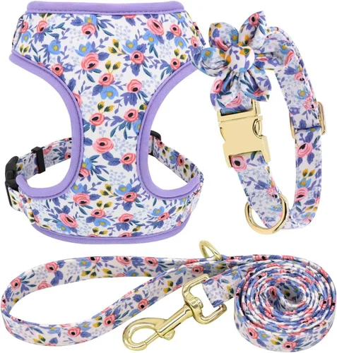 Vista 13 de Beirui Lindo juego de collares, arneses y correas para perro hembra, juego de collar y correa ajustable con flor - Arnés de malla suave para Azul
