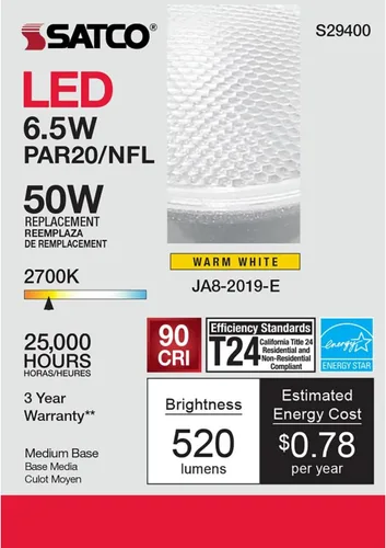 Vista 8 de Satco Bombilla LED de estado sólido S9400, plata, 7 vatios, voltaje 120, 525 lúmenes iniciales, forma de lámpara PAR20, base media, base ANSI E26