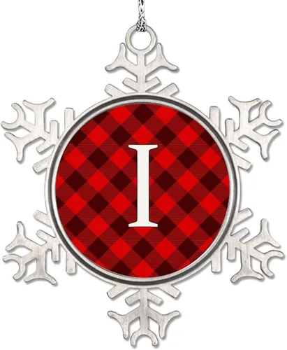 Vista 16 de Adorno de copo de nieve de letra A con inicial de copo de nieve, adorno de monograma a cuadros rojos para decoración de árbol de Navidad, adornos