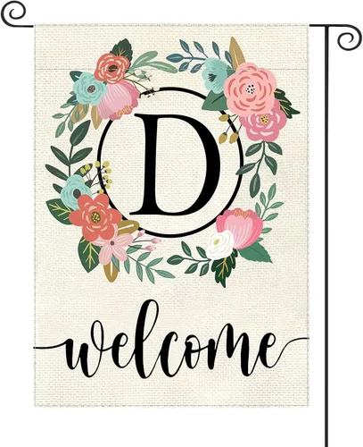 Vista 10 de Bandera de jardín con letra monograma, floral, 12 x 18 pulgadas, doble cara para exterior, pequeña de arpillera, familia, apellido, bandera inicial
