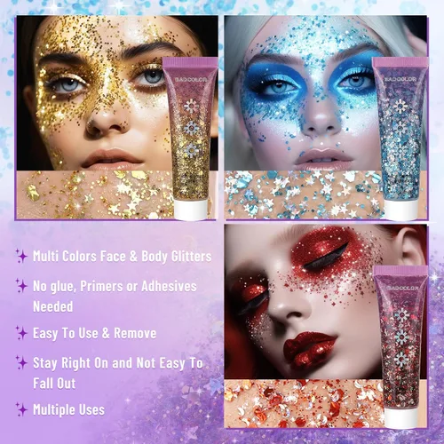 Vista 2 de BADCOLOR Juego de purpurina dorada, azul y rojo, purpurina holográfica brillante para cabello, uñas, labios, festivales de música, conciertos, rave