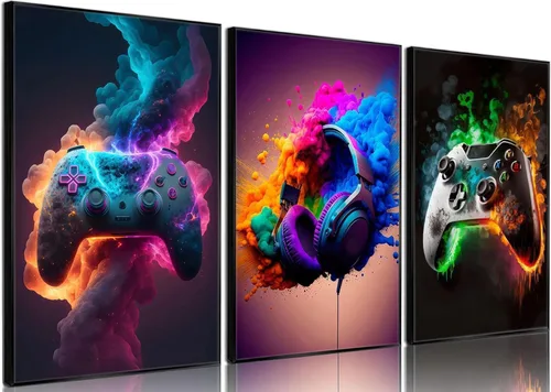 Vista 7 de BGFCE Arte de Lienzo de Pared para Gaming, Pinturas de Arte de Controlador de Juego con Salpicaduras de Tinta de Color, Pósteres para Estética