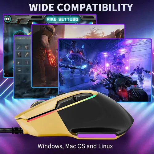Vista 6 de Ratón para juegos, mouse para juegos con cable con retroiluminación RGB, 7200DPI ajustable, ratones para juegos de PC con 7 botones macro