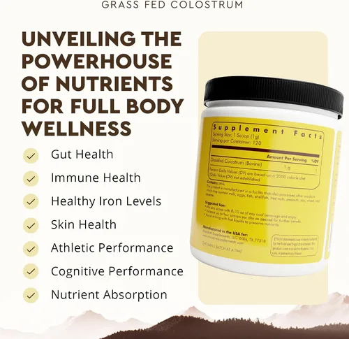 Vista 3 de Ancestral Supplements Polvo de Calostro Bovino - Alimentado con Hierba, Liofilizado, Apoyo Inmunológico y Salud Intestinal, 120 Porciones