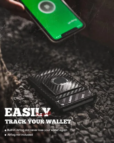 Vista 2 de DUGRAFT Cartera desplegable con soporte AirTag, cartera con bloqueo RFID con clip para dinero, cartera inteligente para tarjetas de crédito