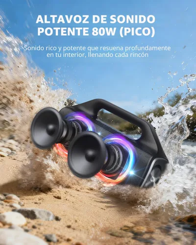 Vista 2 de Altavoz Bluetooth impermeable IP67: 80 W (pico), altavoces inalámbricos portátiles para exteriores con luces LED, tiempo de reproducción de 20