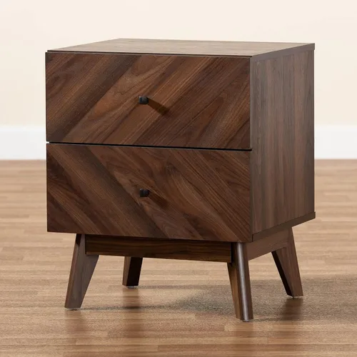 Vista 10 de Baxton Studio Hartman Mid-Century - Mesita de noche moderna de madera con acabado marrón nogal con 2 cajones