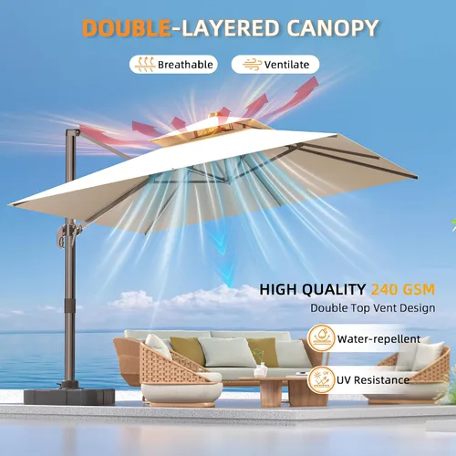 Vista 4 de Sombrilla de 10 x 13 pies para exteriores, sombrilla grande rectangular con viga voladiza, resistente, con rotación de 360°, sombrilla con Beige