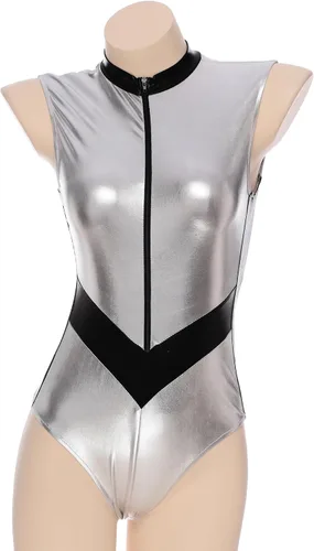 Vista 6 de Body metálico brillante para mujer, cadete espacial alienígena, galaxia, viajero, juego de rol, disfraz D1702#plateado, talla XL