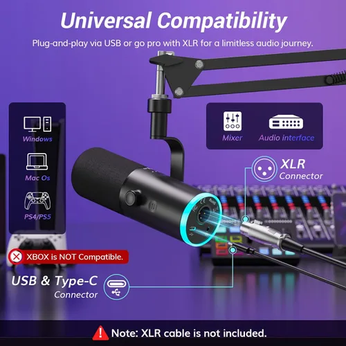 Vista 7 de TONOR Micrófono dinámico para juegos, transmisión de micrófono XLR/USB, cancelación de ruido AI, RGB controlable, Tap Mute, conector