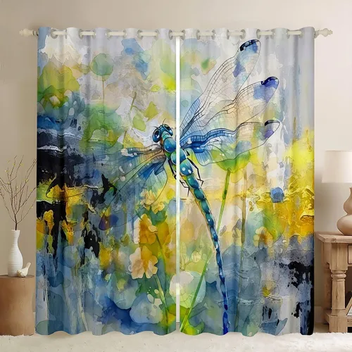 Vista 11 de jejeloiu Cortinas de oscurecimiento de libélula (2 paneles, 52 x 84 pulgadas), cortinas abstractas para dormitorio, sala de estar, arte moderno, 30%