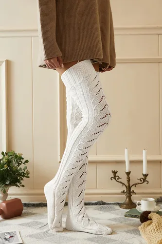 Vista 3 de Pcavin Calcetines altos hasta el muslo para mujer, calcetines de punto trenzado por encima de la rodilla, calentadores de piernas largos y cálidos