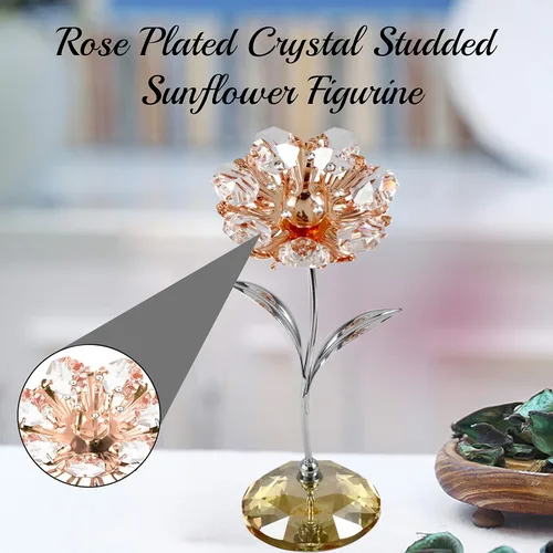 Vista 5 de Matashi Figurilla de Girasol Chapada en Cromo y Oro Rosa con Cristales Incrustados, Ornamento de Mesa con Base de Cristal Dorado Figura de girasol