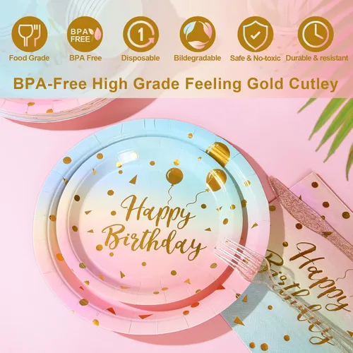 Vista 2 de Juego de 200 platos y servilletas para fiesta de cumpleaños, platos desechables para cumpleaños, platos de papel arcoíris, servilletas y tazas