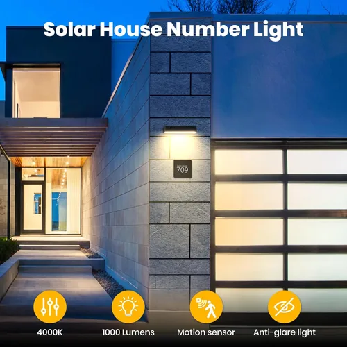 Vista 2 de Luces solares para exteriores, luz solar con sensor de movimiento para letrero de casa, IP44 impermeable 1000LM 4000K estilo moderno de lujo sin